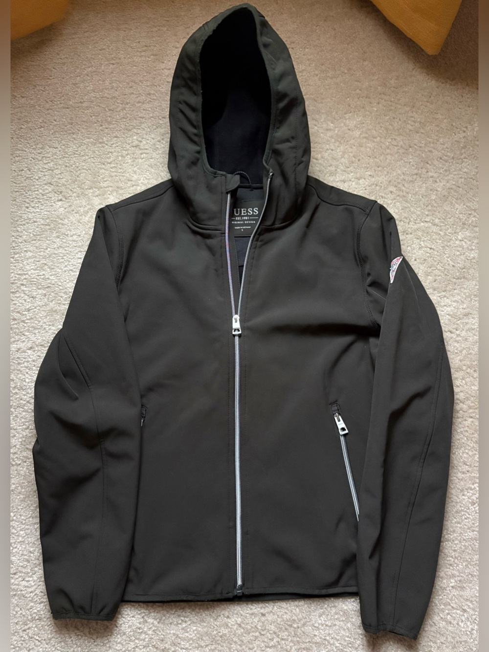 Guess Men's Black Hooded Performance Jacket with Logo Patch